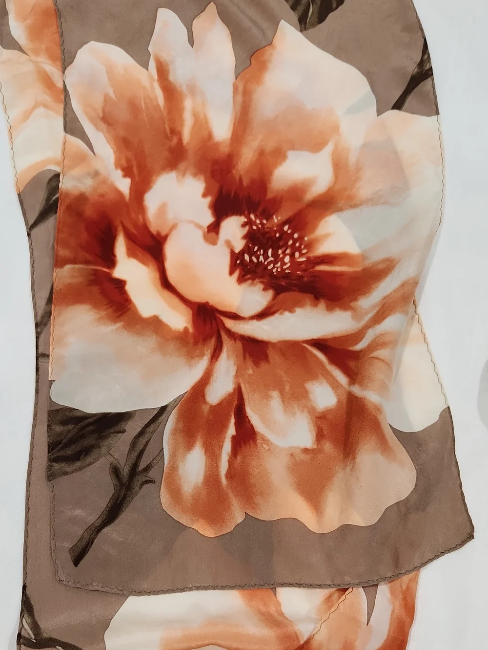 Ellen Tracy Taupe and Orange Floral Silk Scarf Size 10x 56 Inches